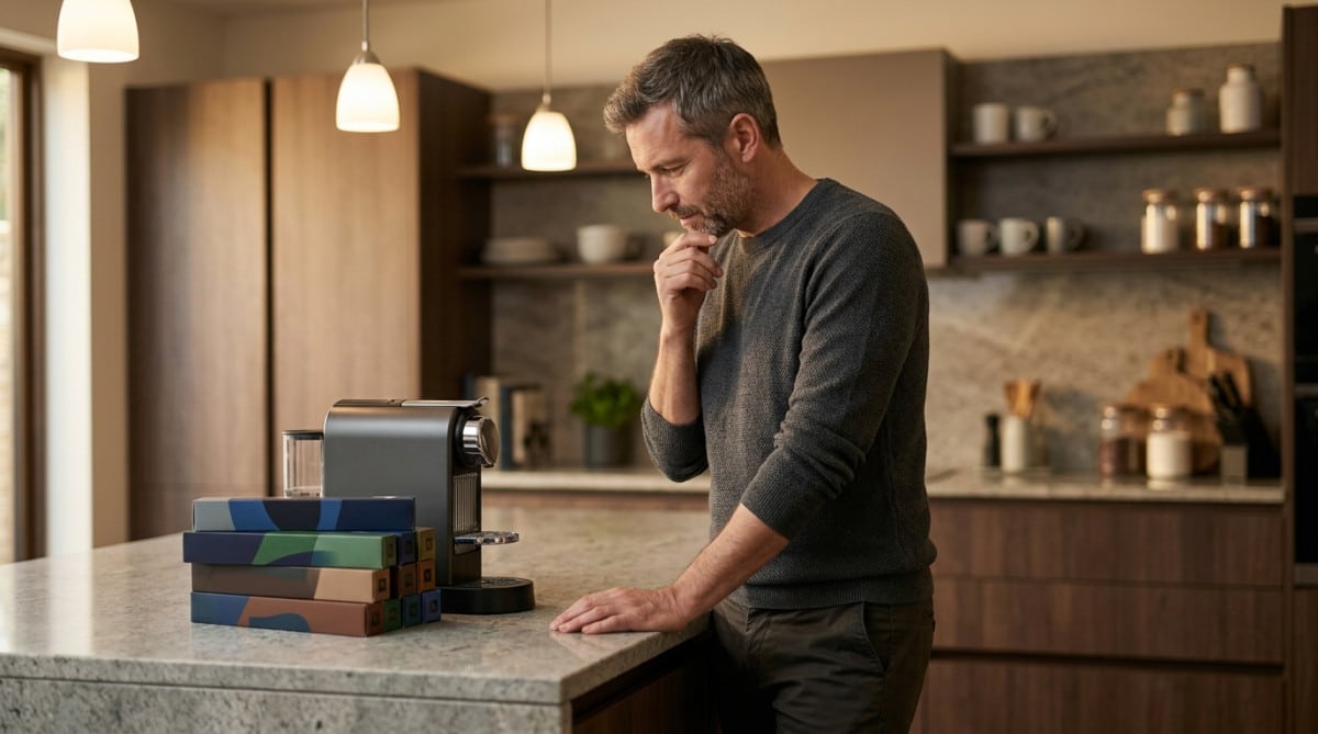 Homme observant une machine à café et des capsules