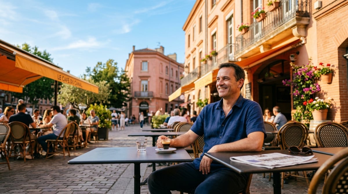 Homme profitant du soleil en terrasse à Toulouse