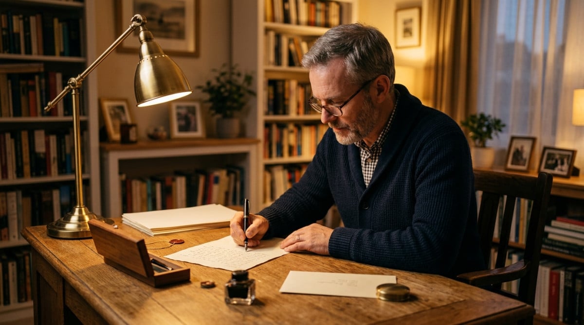 Homme rédigeant une lettre recommandée contre le tapage nocturne