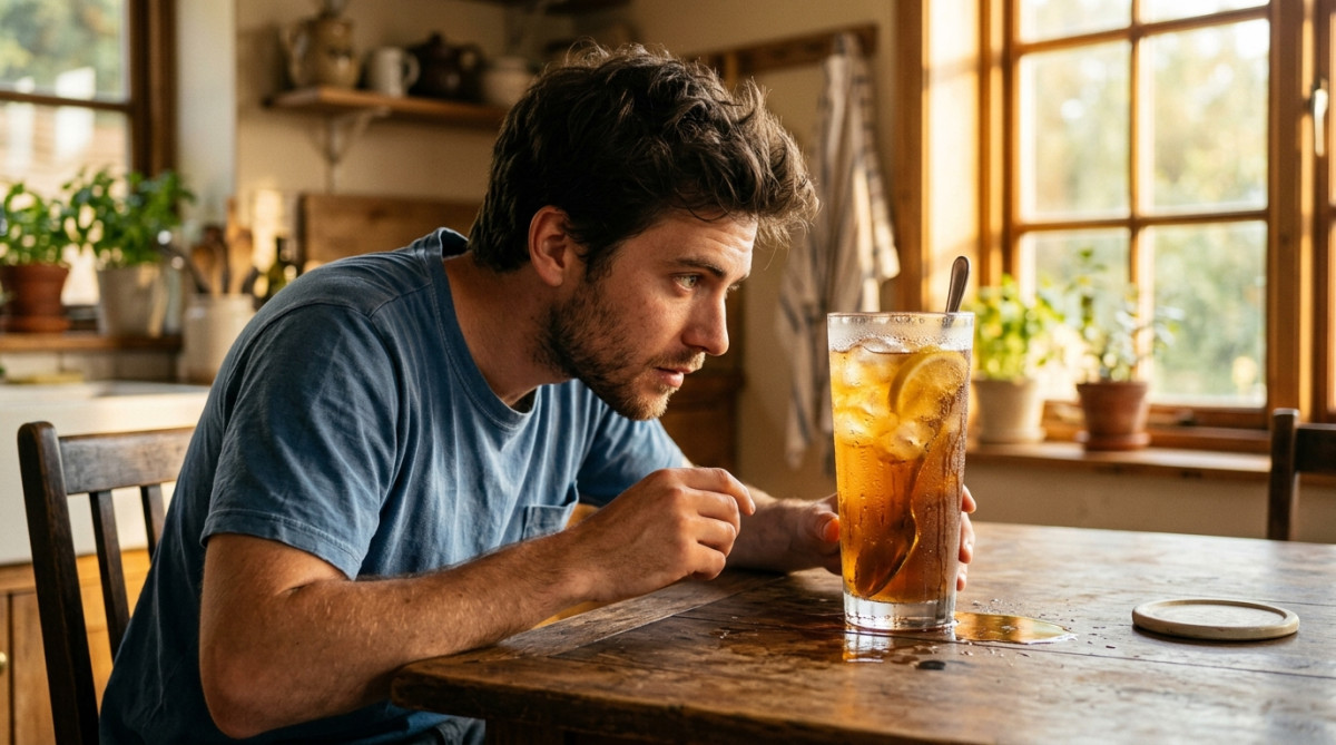 Homme regardant un verre de boisson froide couvert de buée