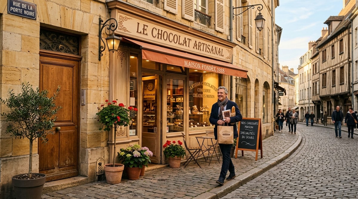 Homme sortant d'une chocolaterie à Besançon avec des achats