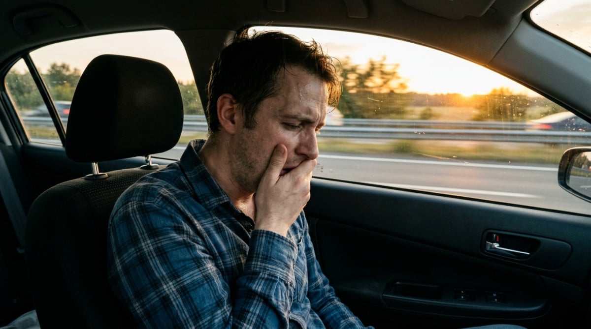 Homme souffrant du mal des transports en voiture