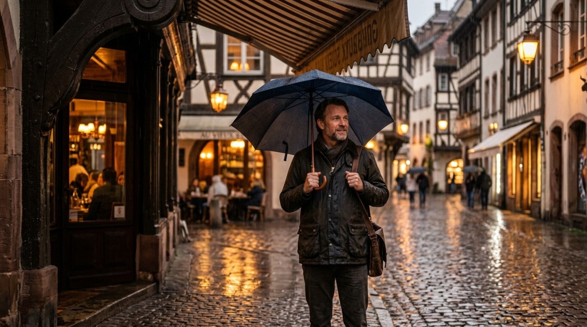 Homme sous la pluie avec parapluie à Strasbourg