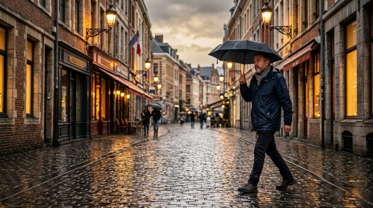 Homme sous la pluie fine à Lille