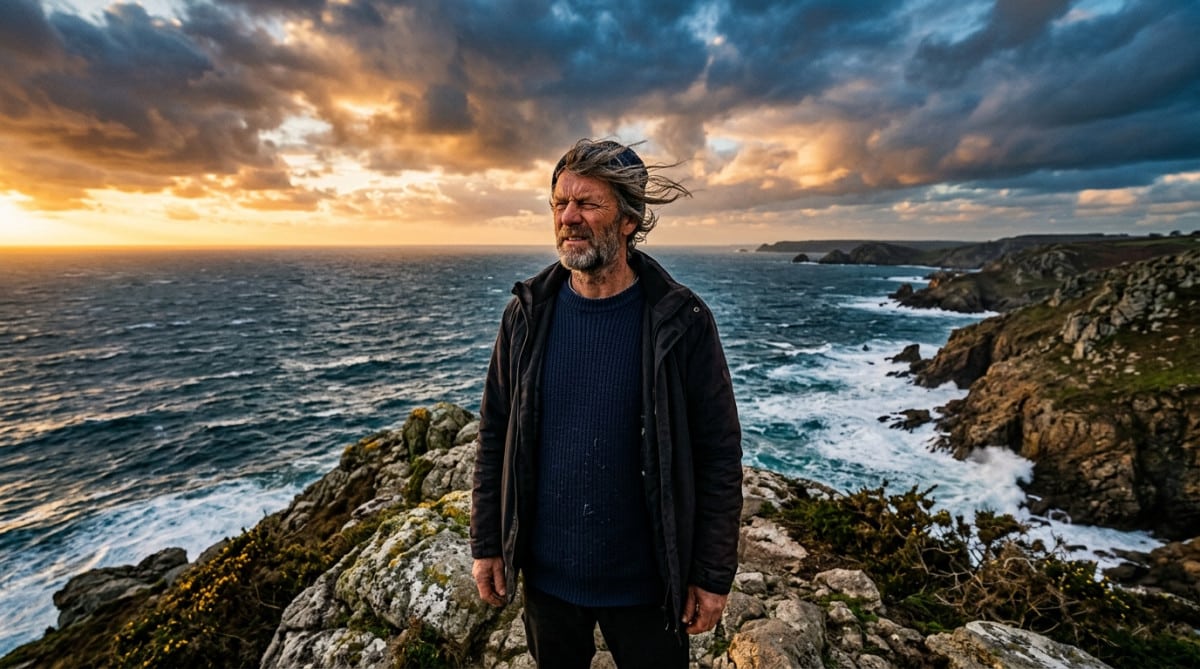 Homme sur la côte bretonne sous le vent et le soleil
