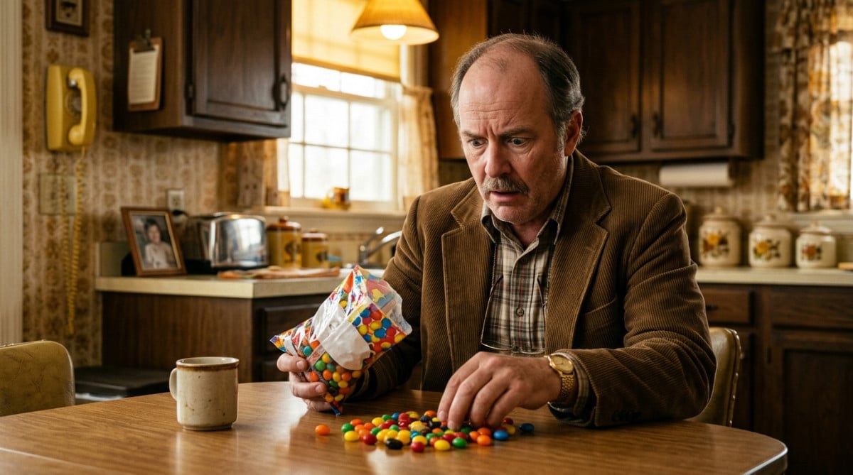 Homme surpris devant un paquet de bonbons colorés vintage