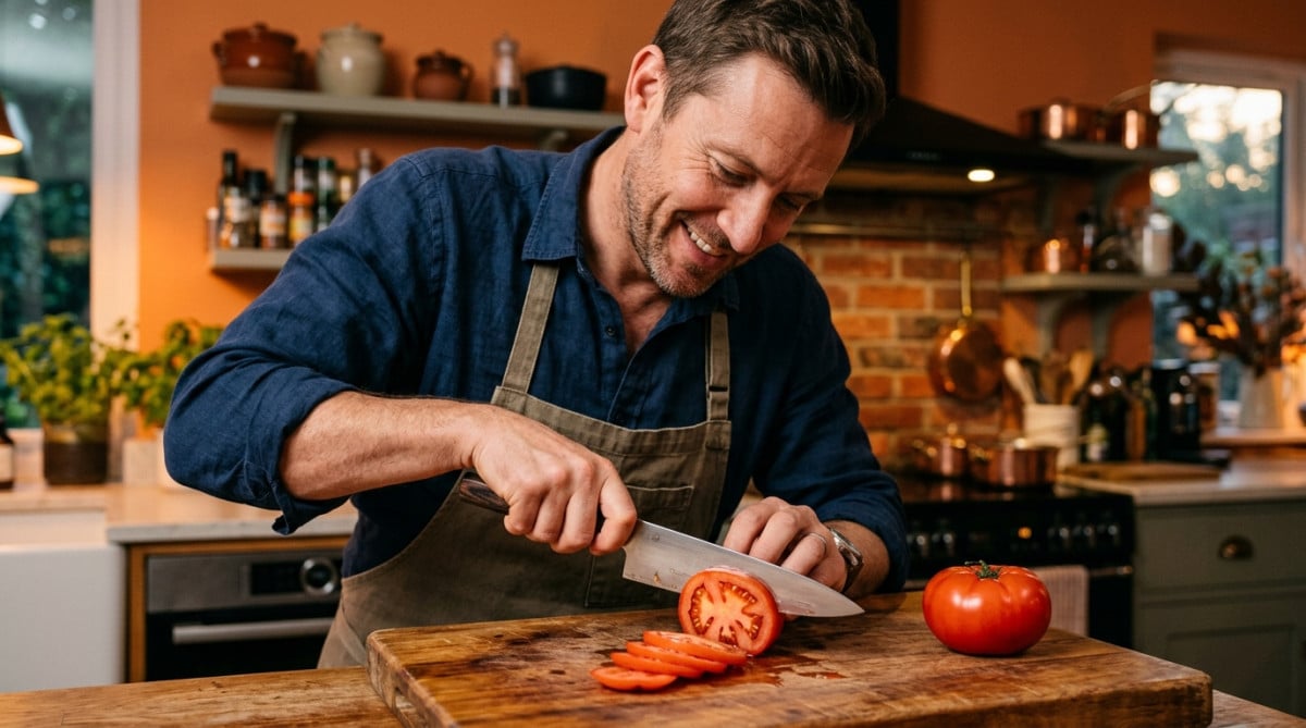 Homme tranchant une tomate avec un couteau aiguisé