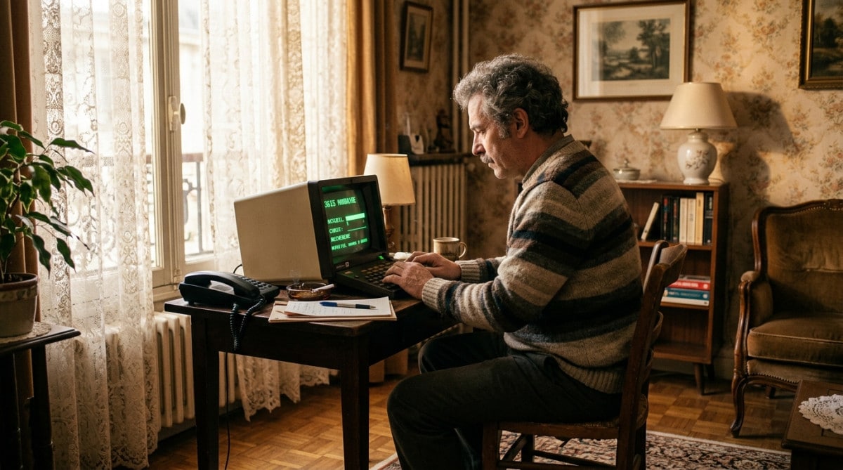 Homme utilisant un Minitel gris dans un salon des années 80