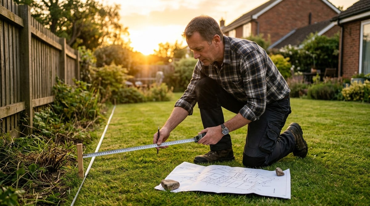 Homme vérifiant les limites cadastrales de son jardin