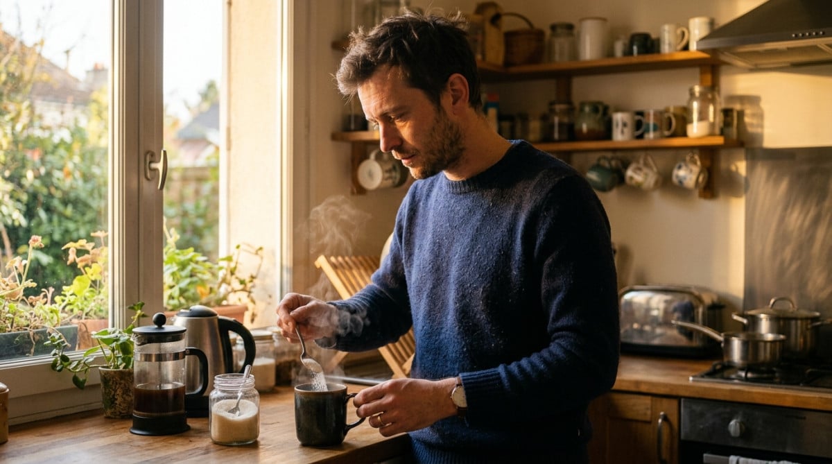 Homme versant du sucre dans son café le matin