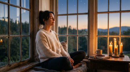 Femme sereine à l'aube dans une lumière dorée mystique