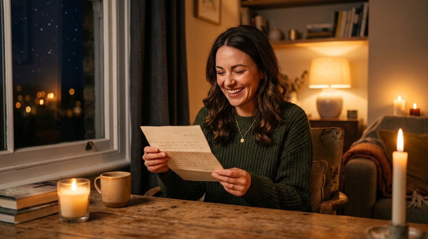 Femme souriante recevant une bonne nouvelle lumineuse