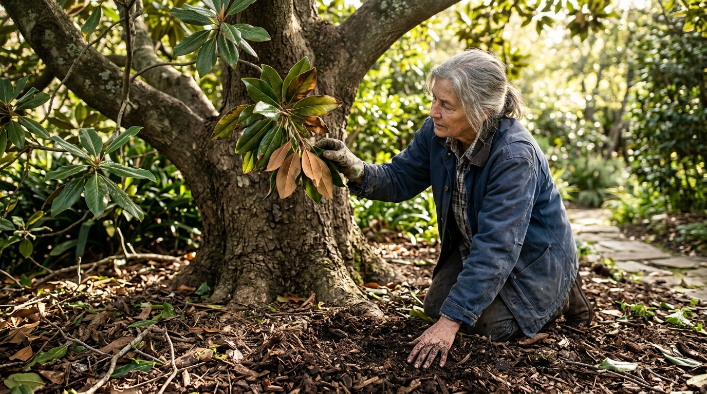 Jardinier testant l'humidité du sol sous un magnolia