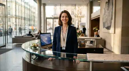 Hôtesse d'accueil souriante derrière un bureau d'entreprise