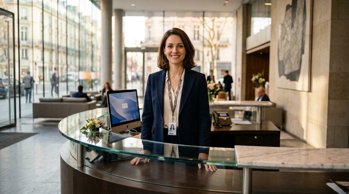 Hôtesse d'accueil souriante derrière un bureau d'entreprise