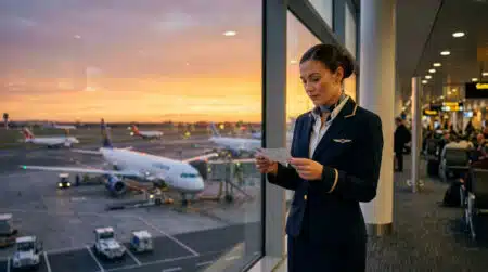 Hôtesse de l'air face à un avion au coucher du soleil