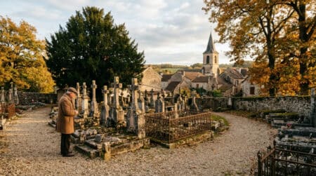 If millénaire planté dans un cimetière de village français