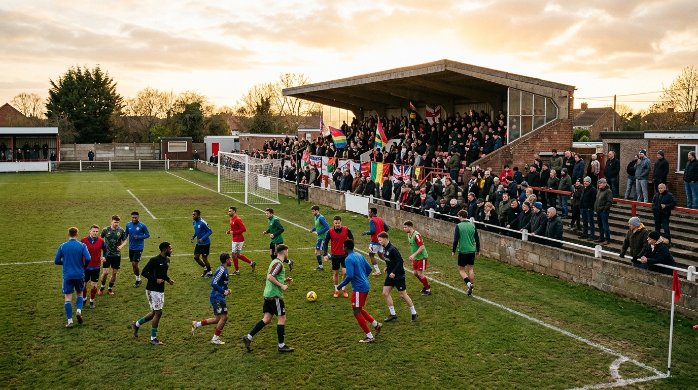 Stade de football amateur anglais avec spectateurs en tribune