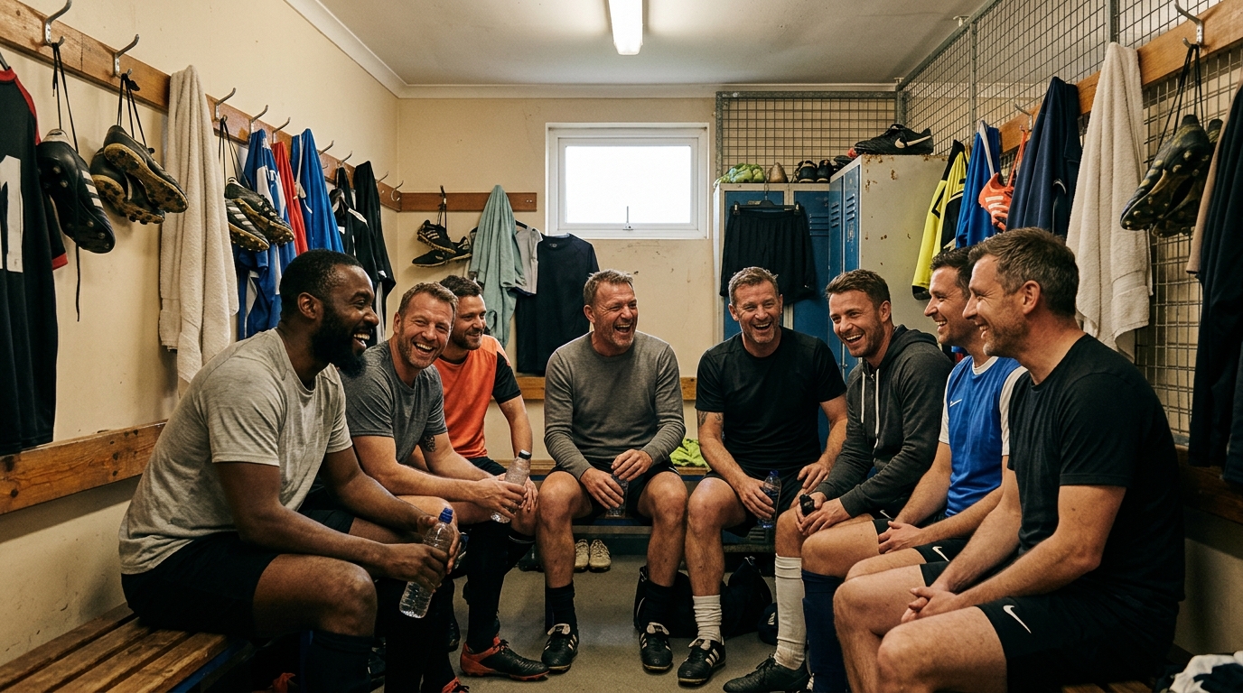 Anciens footballeurs professionnels riant ensemble dans un vestiaire