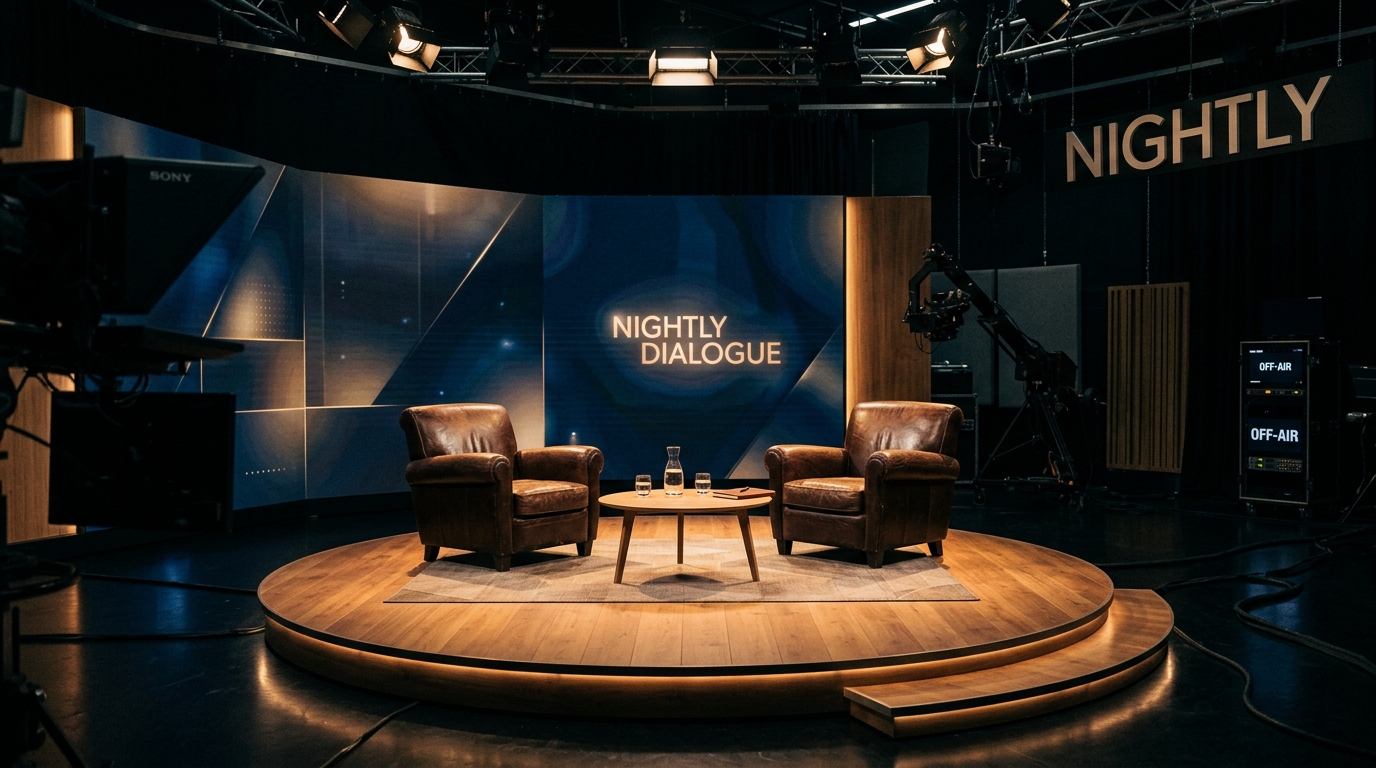 Plateau de talk-show vide avec fauteuils sous spots