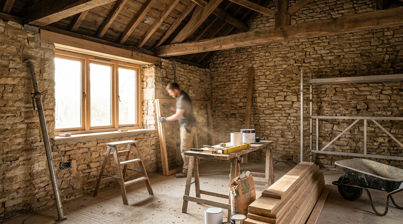 Intérieur en travaux d'un cottage écossais en rénovation