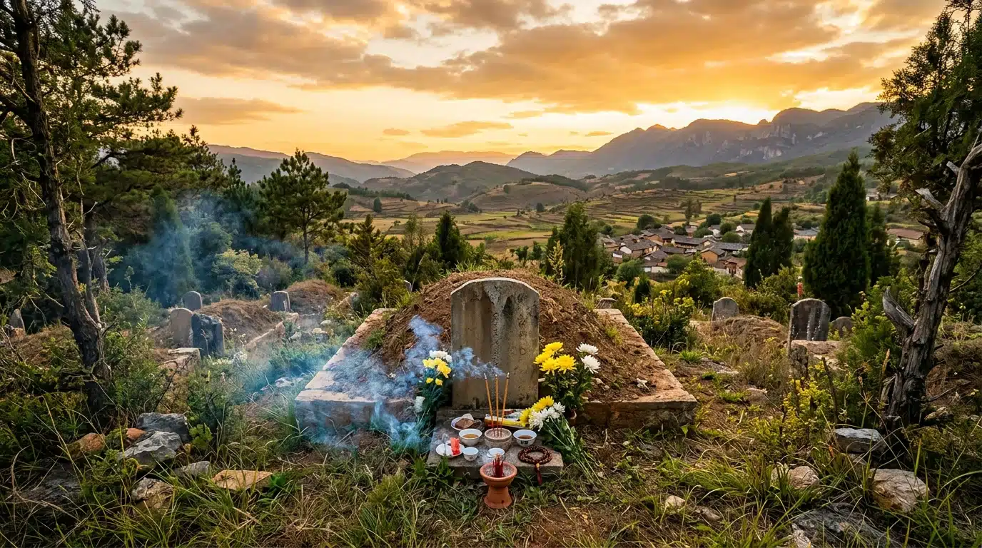 Tombe fraîche dans un cimetière de campagne en Chine