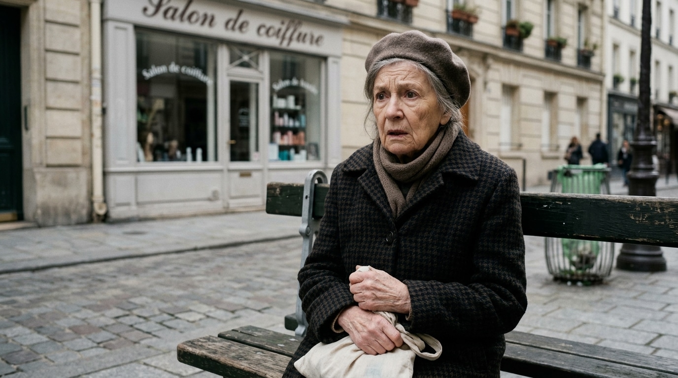 Femme âgée assise seule sur un banc parisien