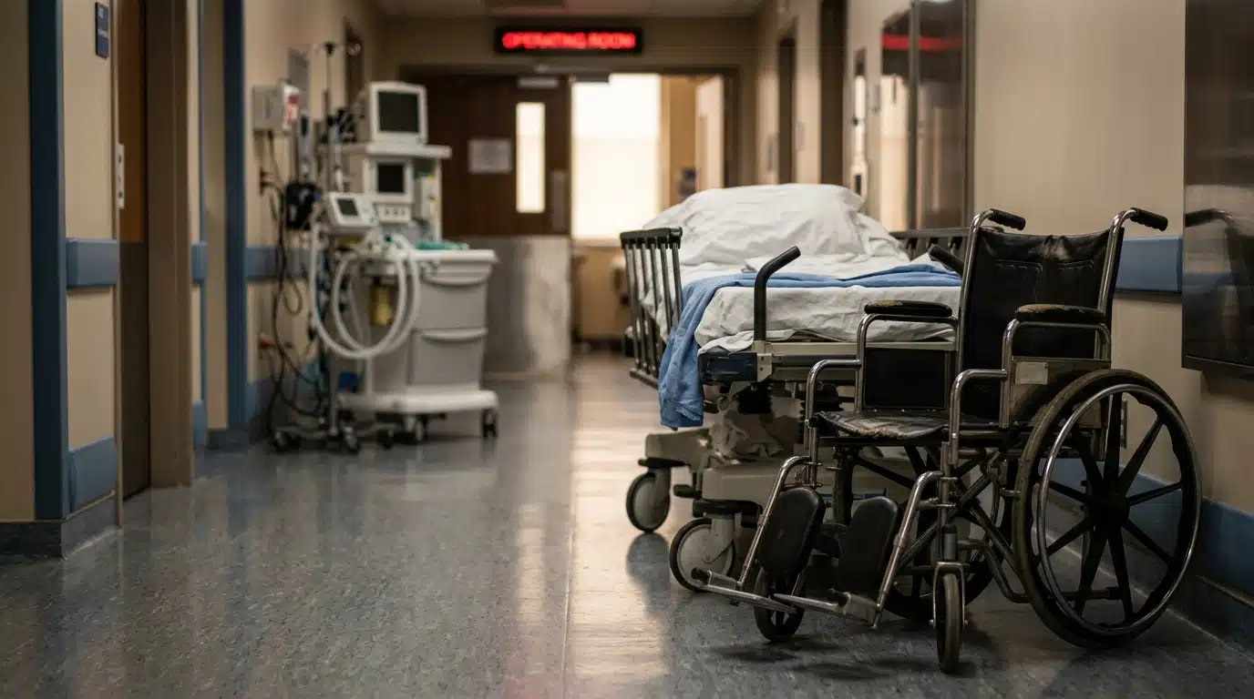 Fauteuil roulant vide près d'un bloc opératoire