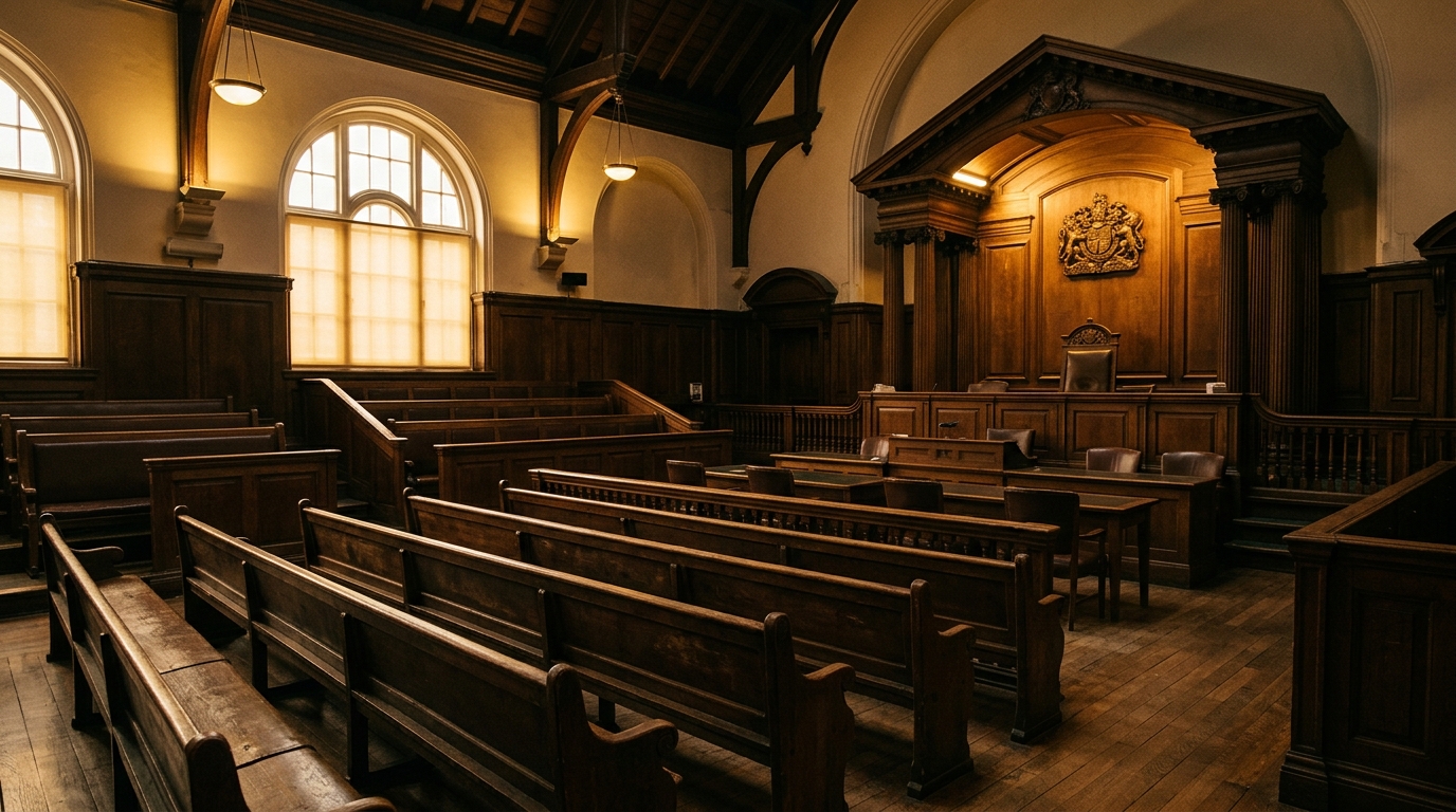 Salle de tribunal britannique vide dans une lumière dorée