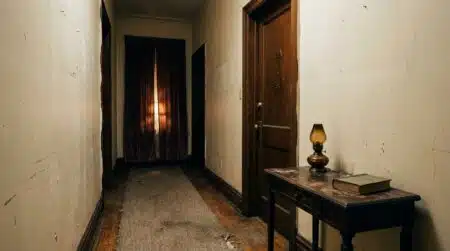Couloir sombre d'un appartement ancien où vivait le suspect