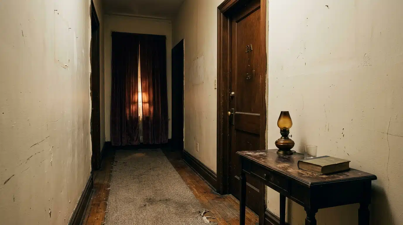 Couloir sombre d'un appartement ancien où vivait le suspect