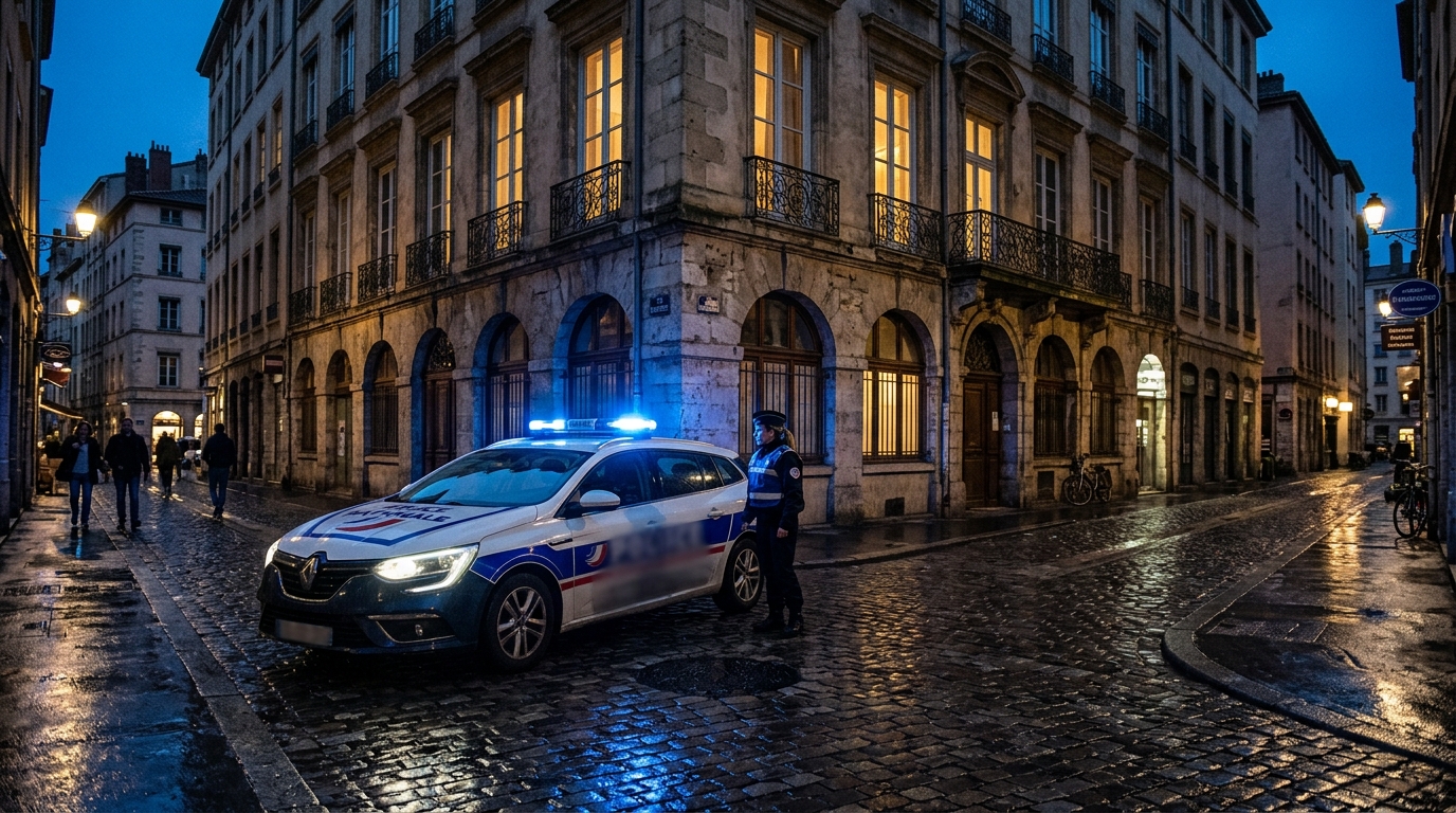 Voiture de police garée devant un immeuble résidentiel