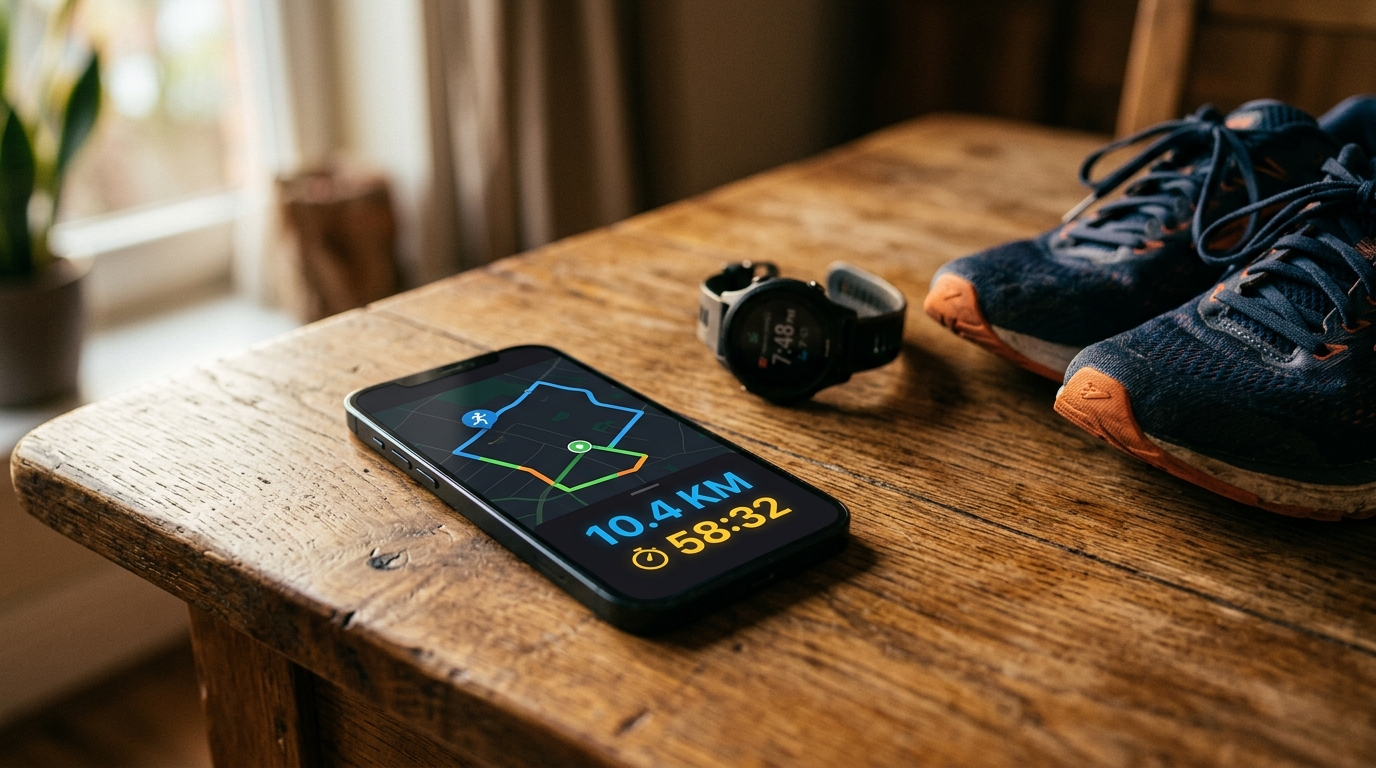 Montre connectée et smartphone affichant une carte de course