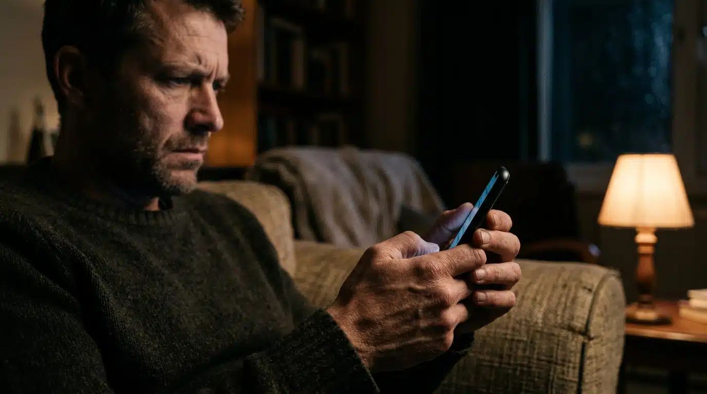 Homme tenant un smartphone dans un salon sombre