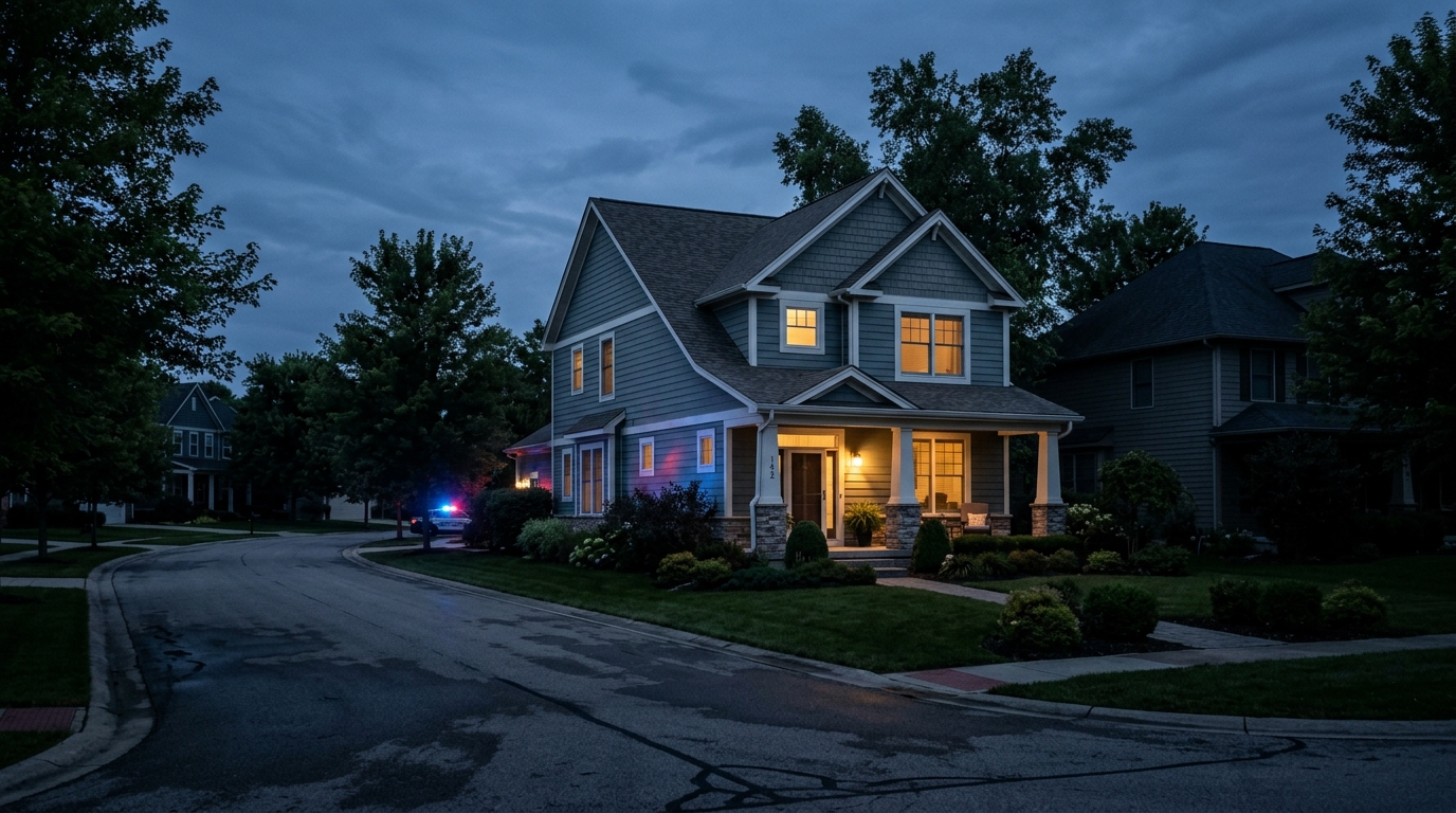 Maison de banlieue américaine au crépuscule avec lumières de police