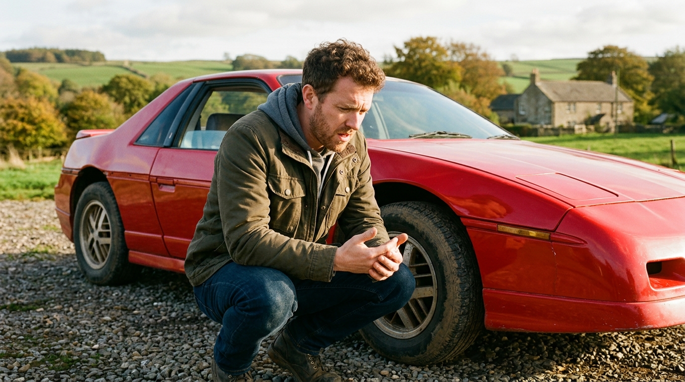 Homme déçu devant une fausse Ferrari F40 rouge