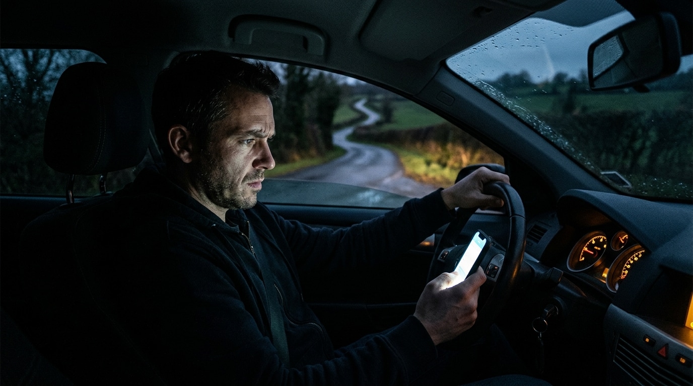 Homme regardant un téléphone dans une voiture de nuit