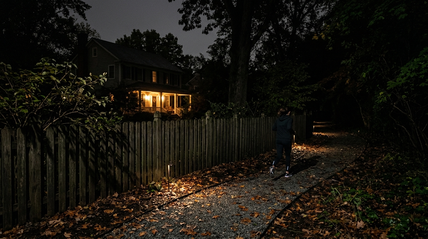 Jardin sombre éclairé la nuit avec chemin