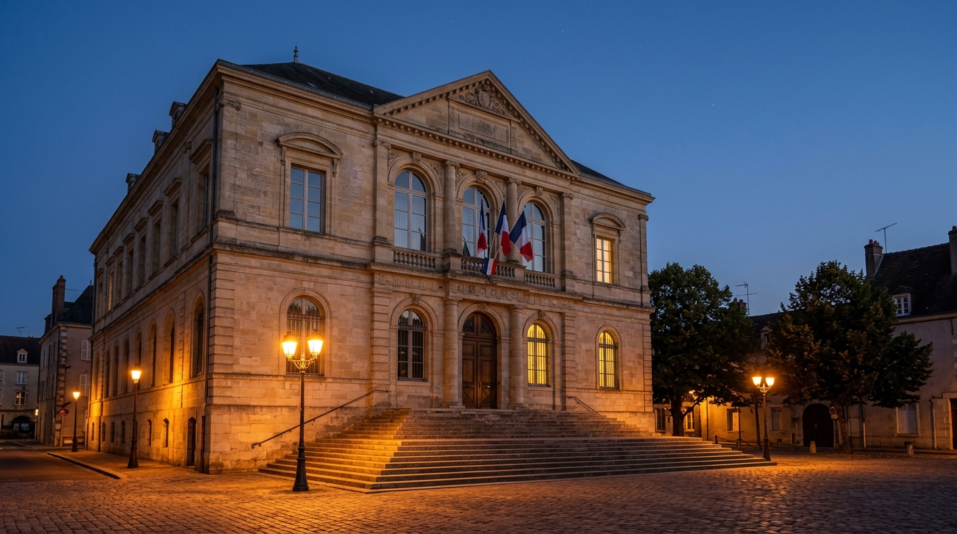Façade d'un tribunal français au crépuscule