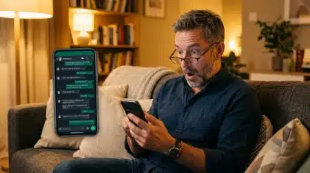 Homme surpris en train de consulter son téléphone chez lui