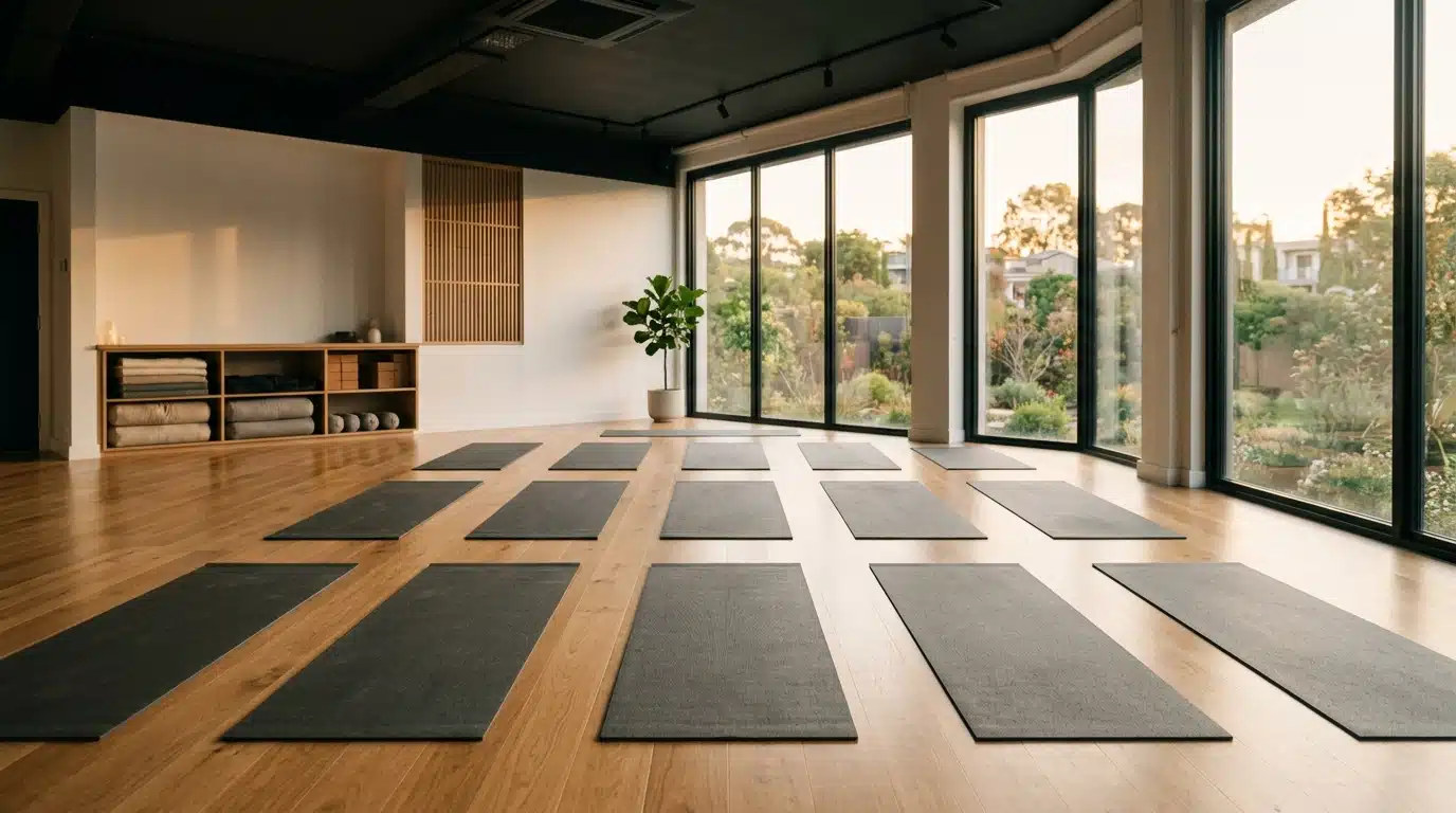 Salle de pilates vide avec tapis alignés au sol