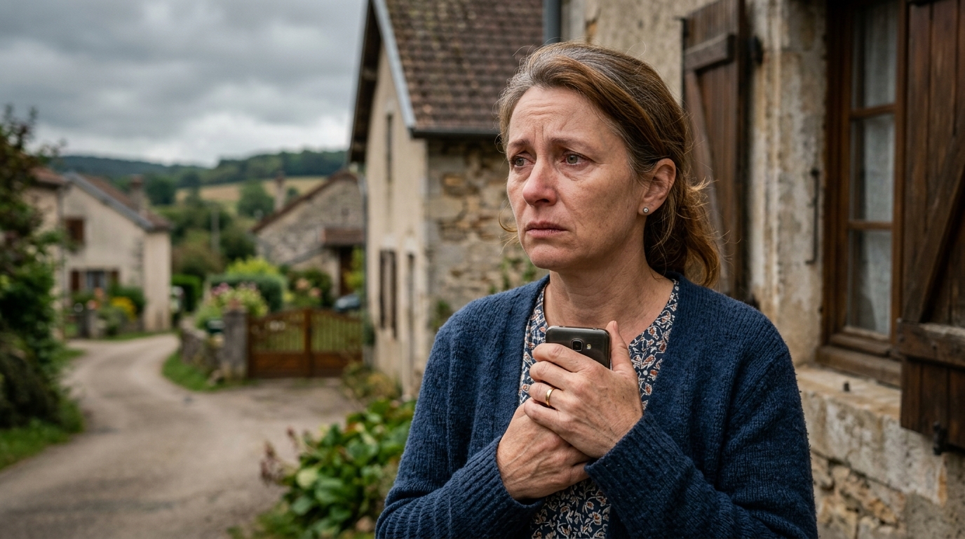 Femme inquiète tenant son téléphone devant une maison