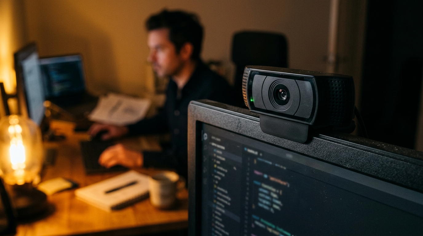 Webcam avec LED éteinte sur un bureau connecté