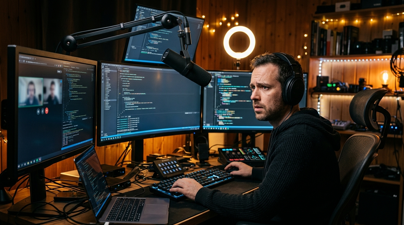 Chercheur en cybersécurité entouré d'appareils connectés la nuit