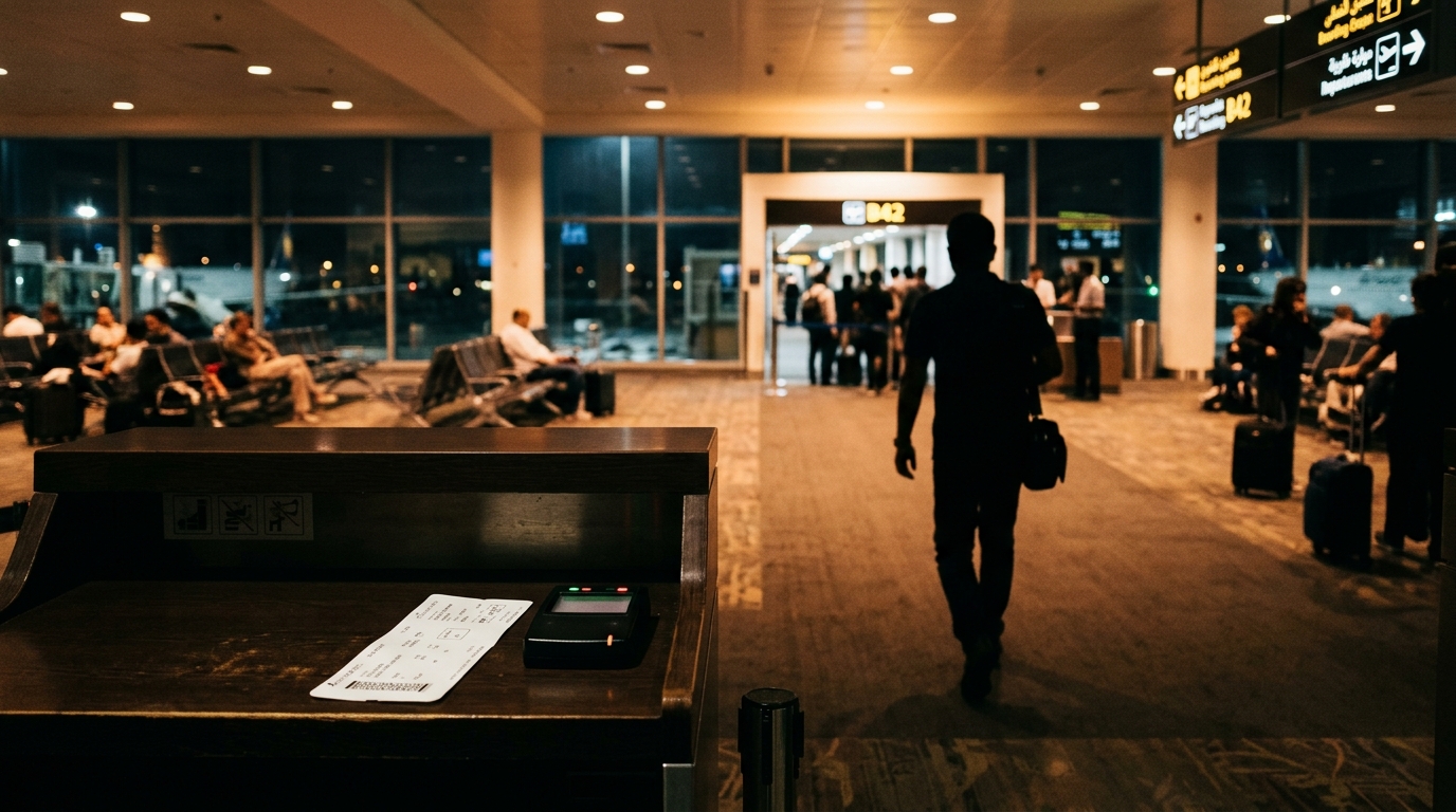 Silhouette dans un aéroport de nuit avant un vol
