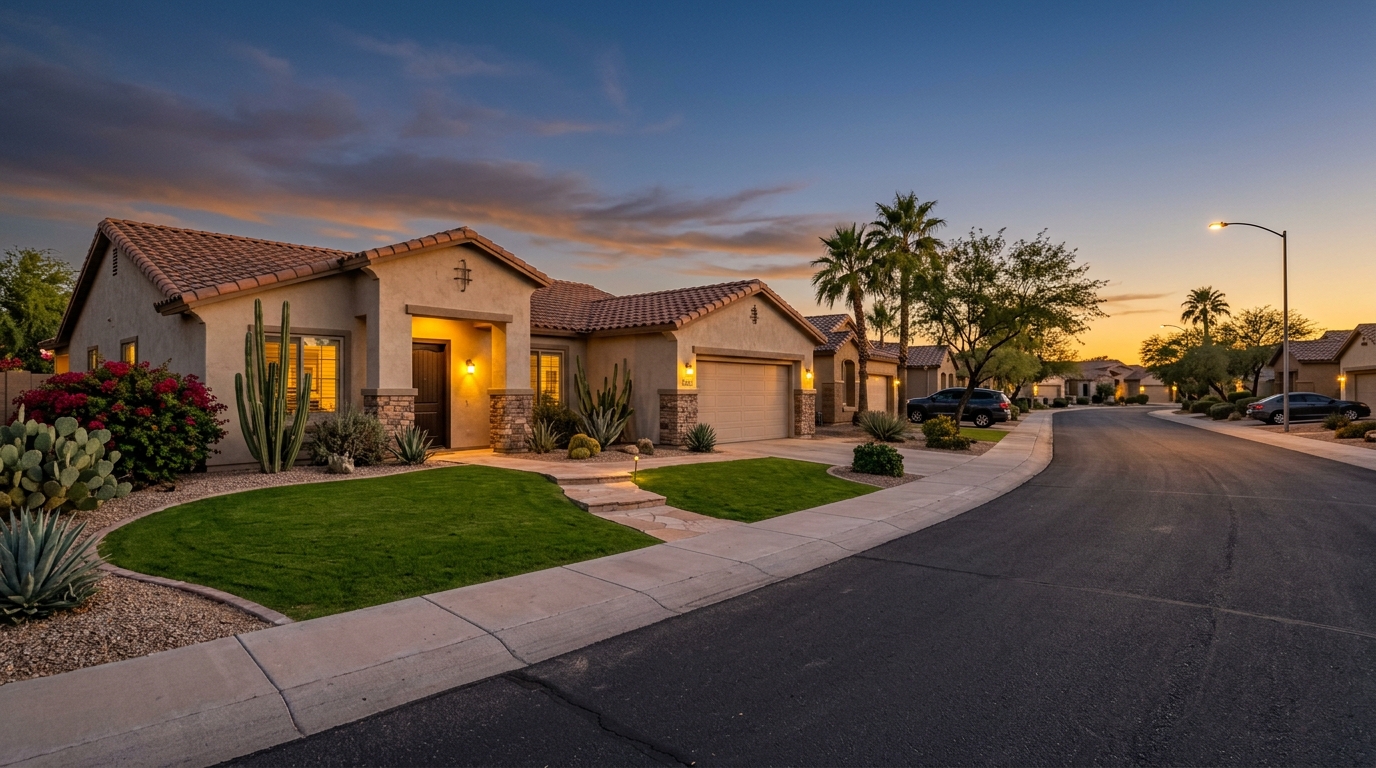 Maison résidentielle en Arizona avec jardin au coucher du soleil