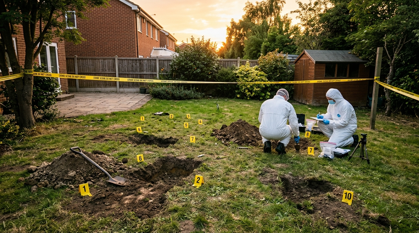 Scène de crime avec ruban de police dans un jardin fouillé