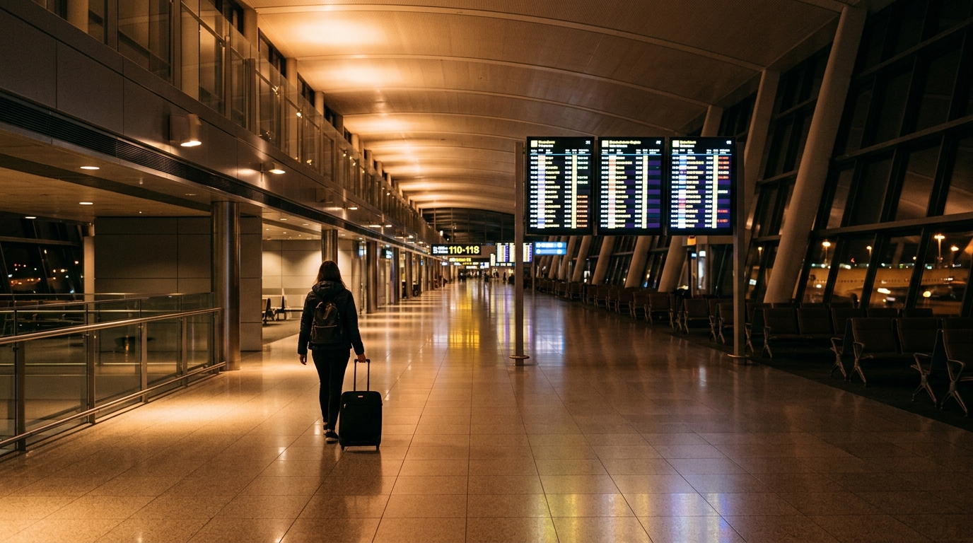 Aéroport de nuit avec voyageur en fuite vers les portes d'embarquement