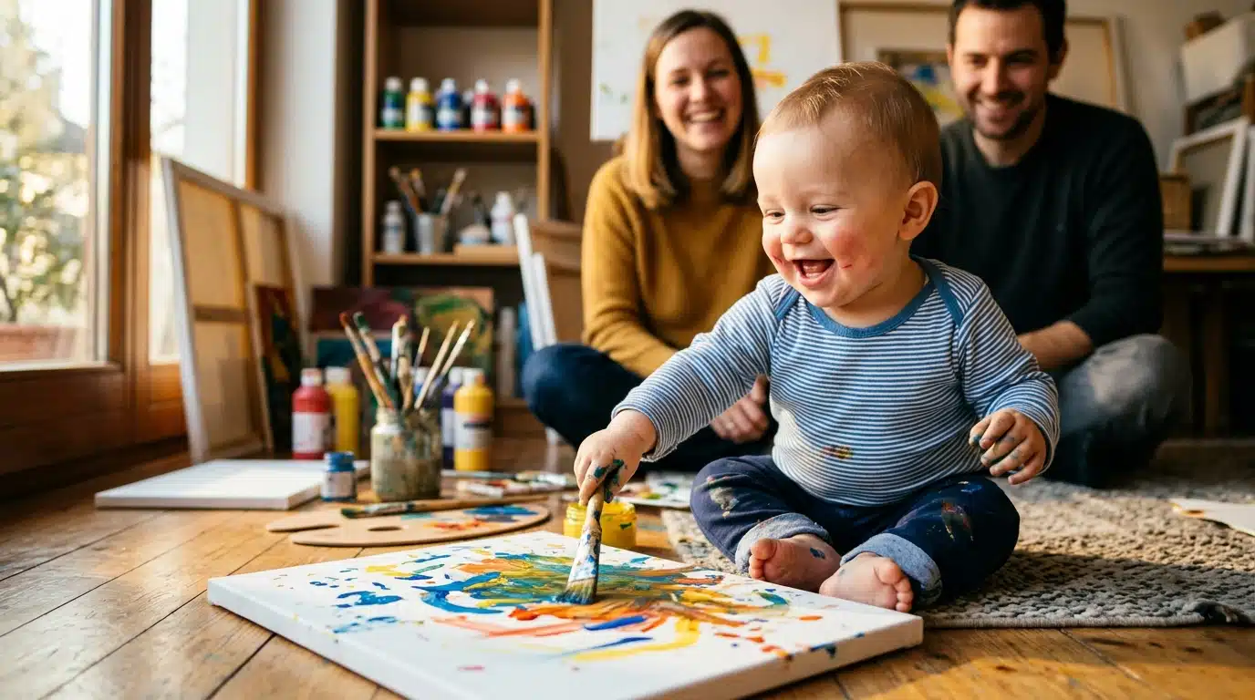 Bébé tenant un pinceau devant une toile colorée