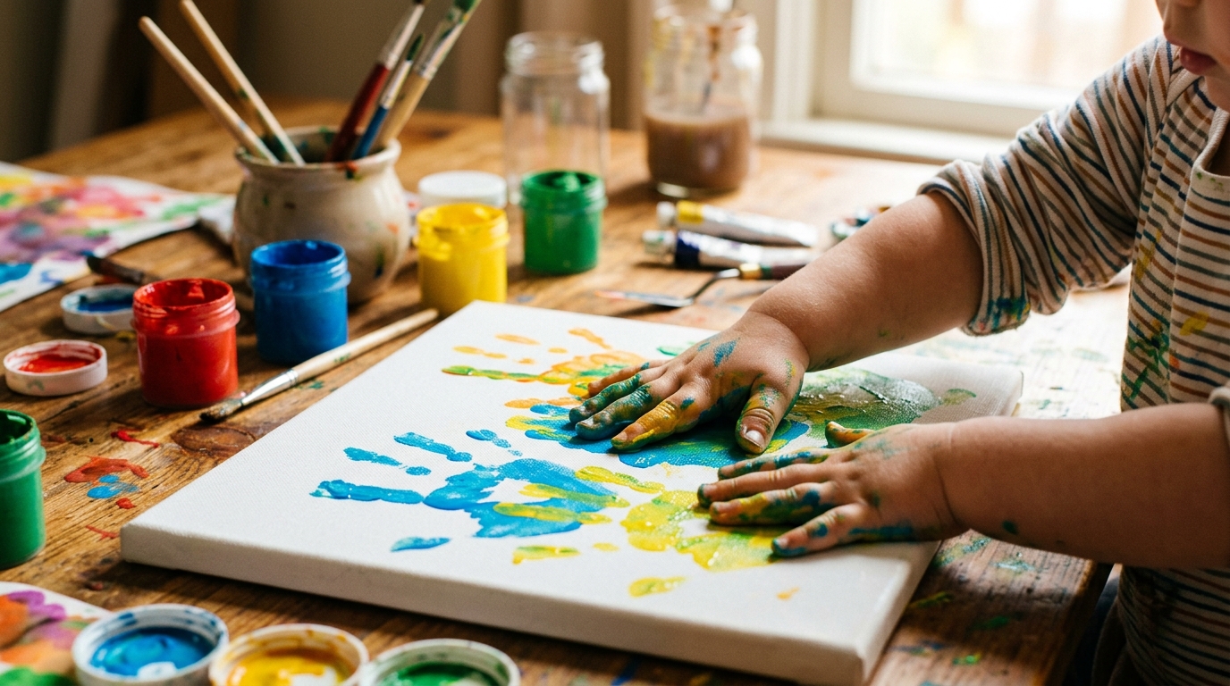 Mains d'un bébé couvertes de peinture sur une toile